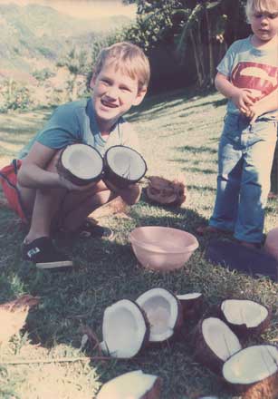 coconuts with bright white meat, Joel and Abe